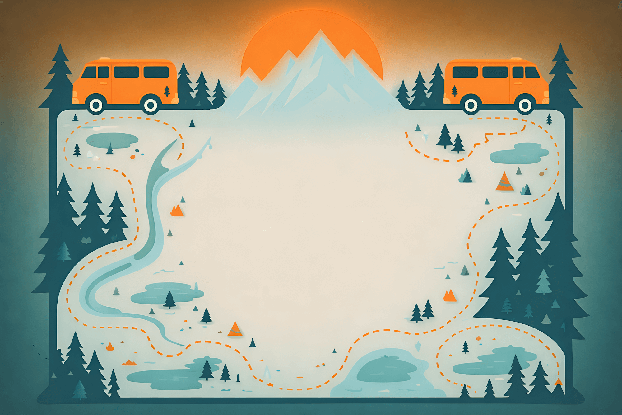 Illustration of a nature trail map featuring a mountain, pine trees, lakes, tents, a river, and two orange camper vans, with a sunset behind the mountain.