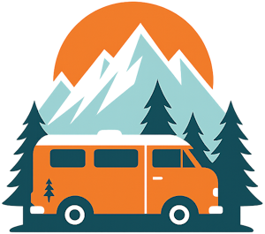 Illustration of a camping van parked among trees with mountains and a setting sun in the background.