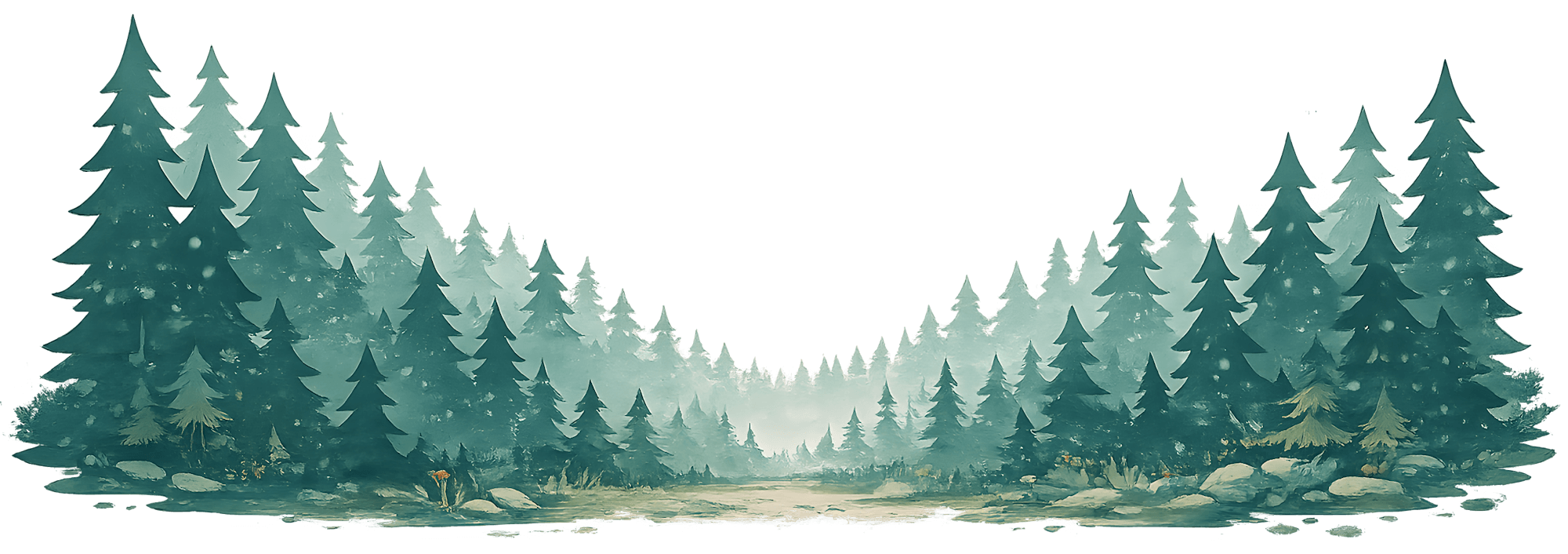 A scenic digital painting of a dense forest with tall pine trees framing a calm flowing river or stream.