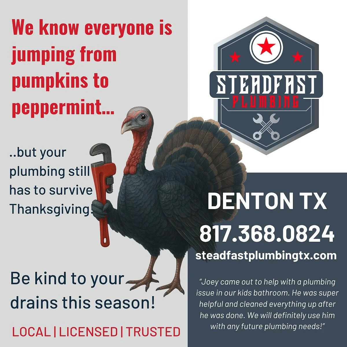 Slow down, Santa. Thanksgiving hasn&rsquo;t clogged the drains yet! 🦃🚿

Keep the holiday flowing smoothly &mdash; Steadfast Plumbing is here when the stuffing gets tough. 

#HolidayPlumbing #ThanksgivingReady #DontClogTheHolidays #TurkeyDayTips #Ke