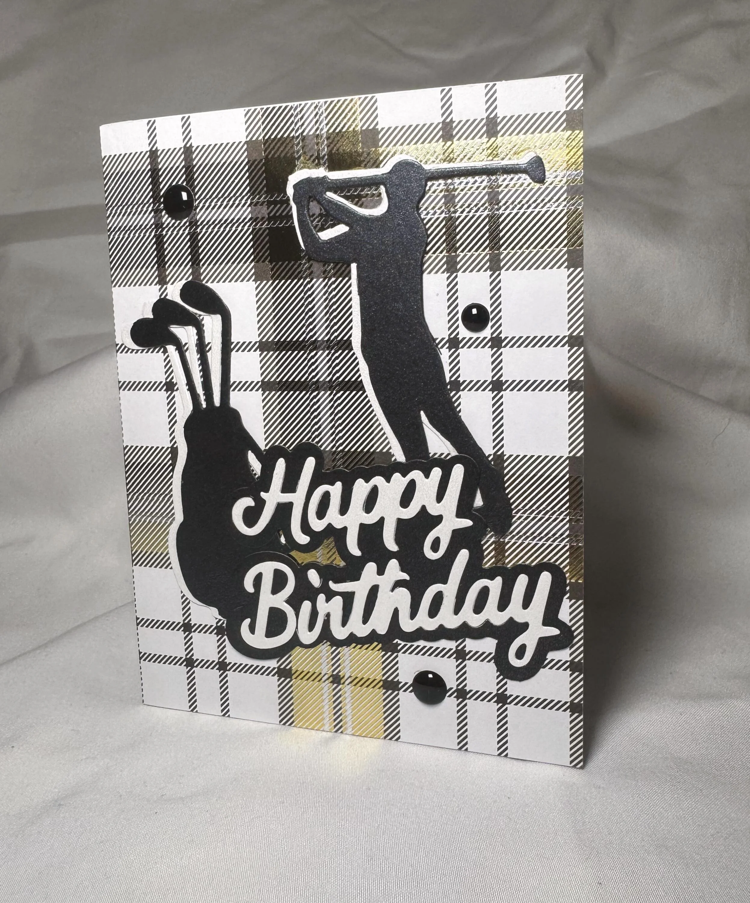 Back Nine Birthday Card for Golfers – Black & White Glimmer with Plaid Accents