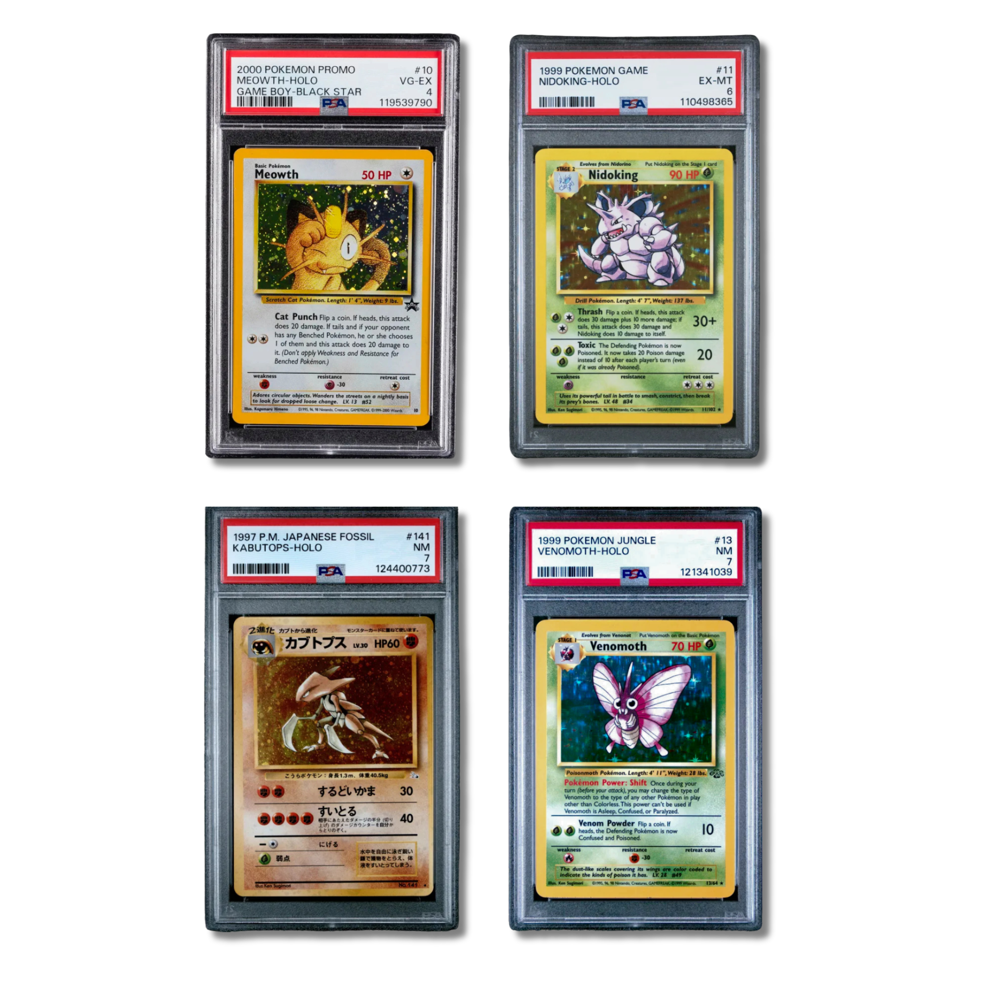 Four vintage Pokémon trading cards in protective cases, including Meowth, Nidoking, Kabutops, and Venomoth. Each card has grading labels and unique identifiers.