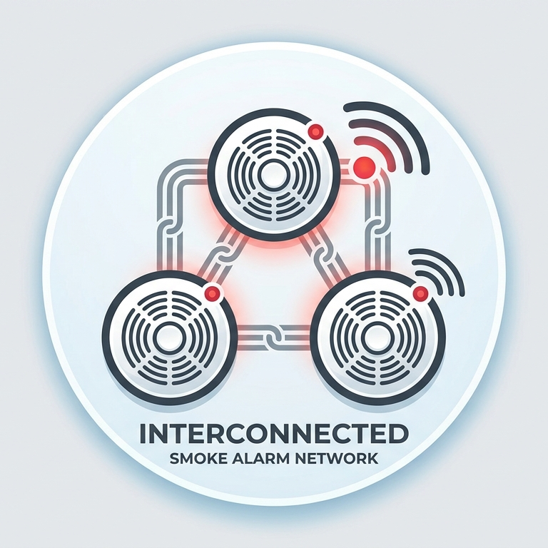 Diagram of a smoke alarm network with three interconnected smoke detectors, each emitting wireless signals, with the caption 'Interconnected Smoke Alarm Network'.