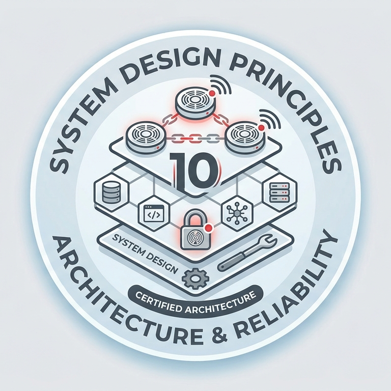 Design principles of system design and architecture, including network, coding, security, and tools, with the number 10.