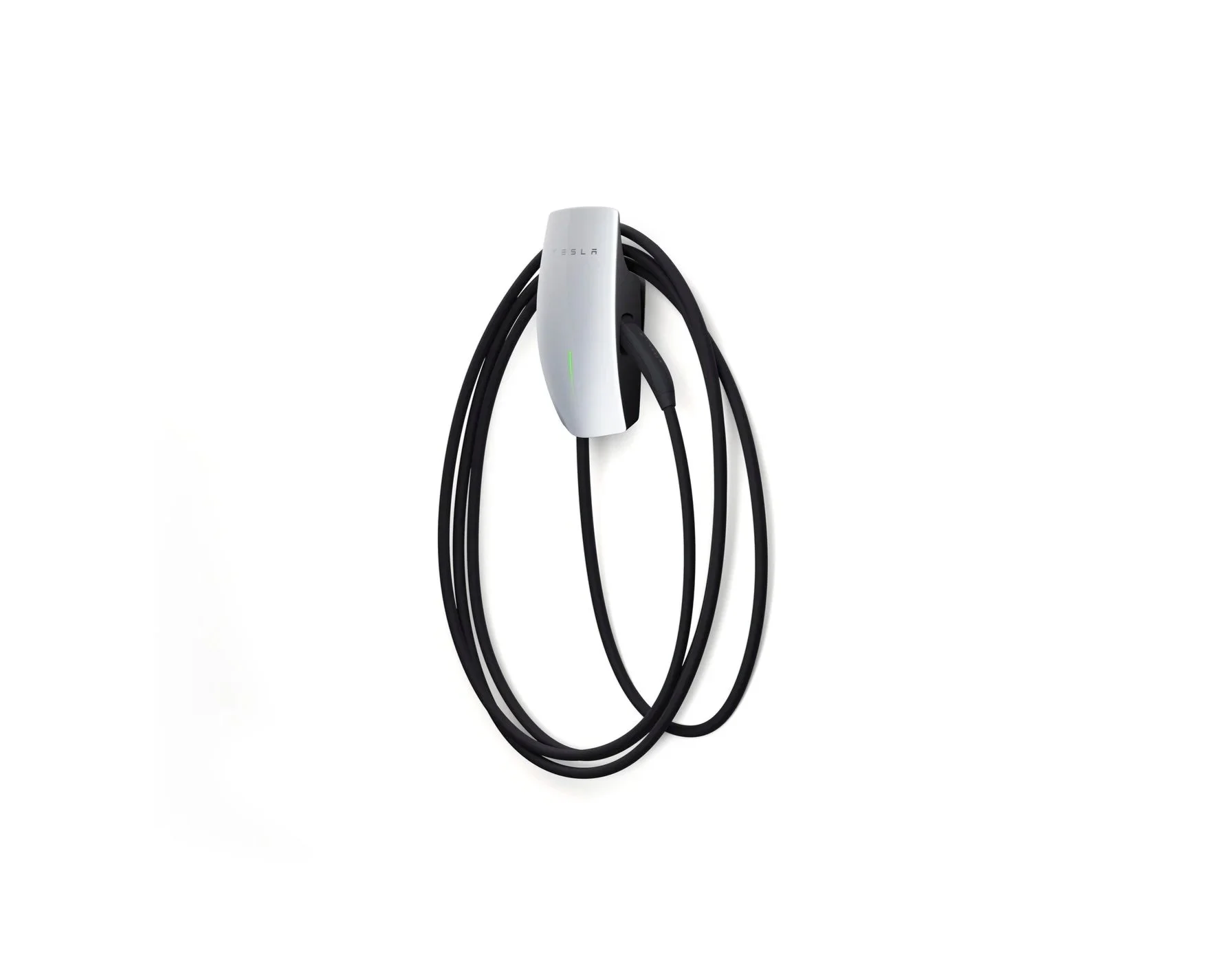 Tesla electric vehicle charging cable with white connector and black cord, mounted on a white background.