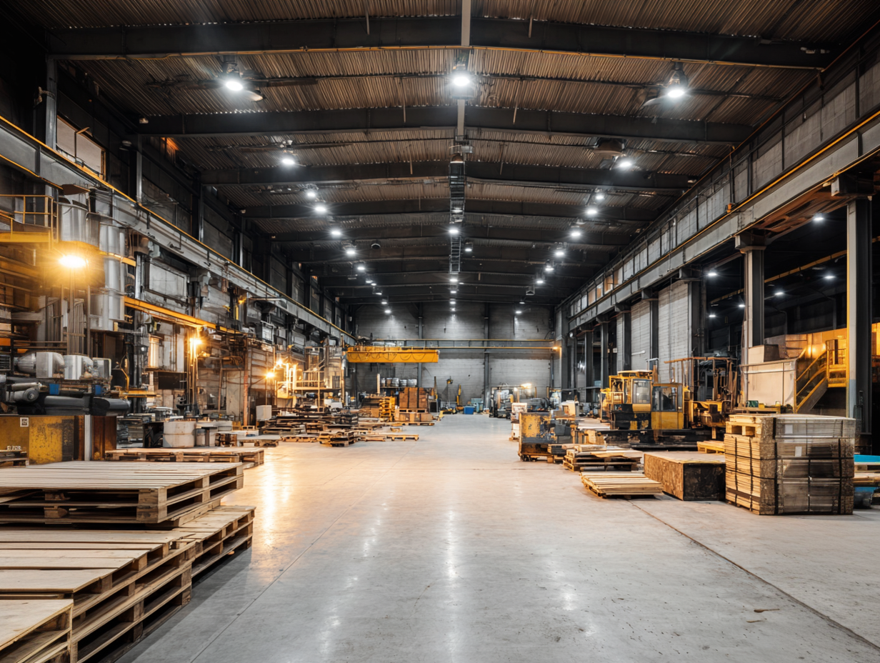 Interior view of a large warehouse or industrial facility with wooden pallets and machinery along the sides, lit by overhead lights.