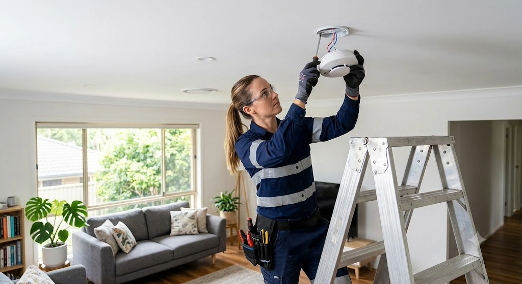 A woman wearing work gloves and safety glasses installing a smoke detector on a ceiling, standing on a ladder in a living room.