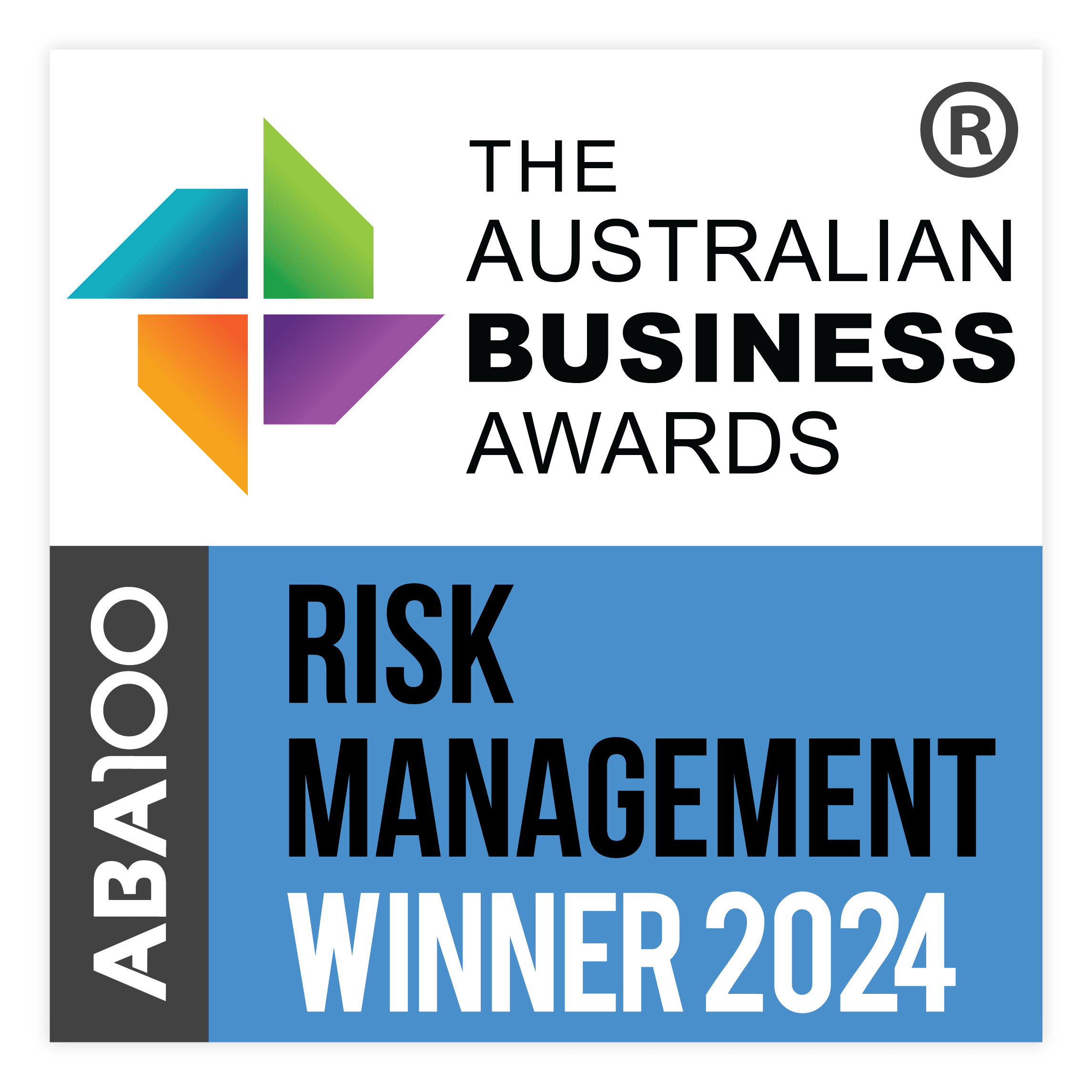 Australian Business Awards 2024 badge for Risk Management Winner, featuring a colorful geometric logo.