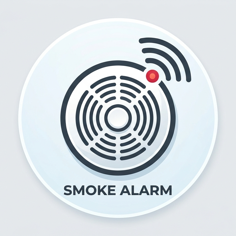 A smoke alarm with a circular black and white pattern and a red indicator light, with the text "SMOKE ALARM" below it.