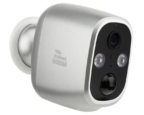 A silver security camera with a black front panel displaying multiple lenses and sensors.
