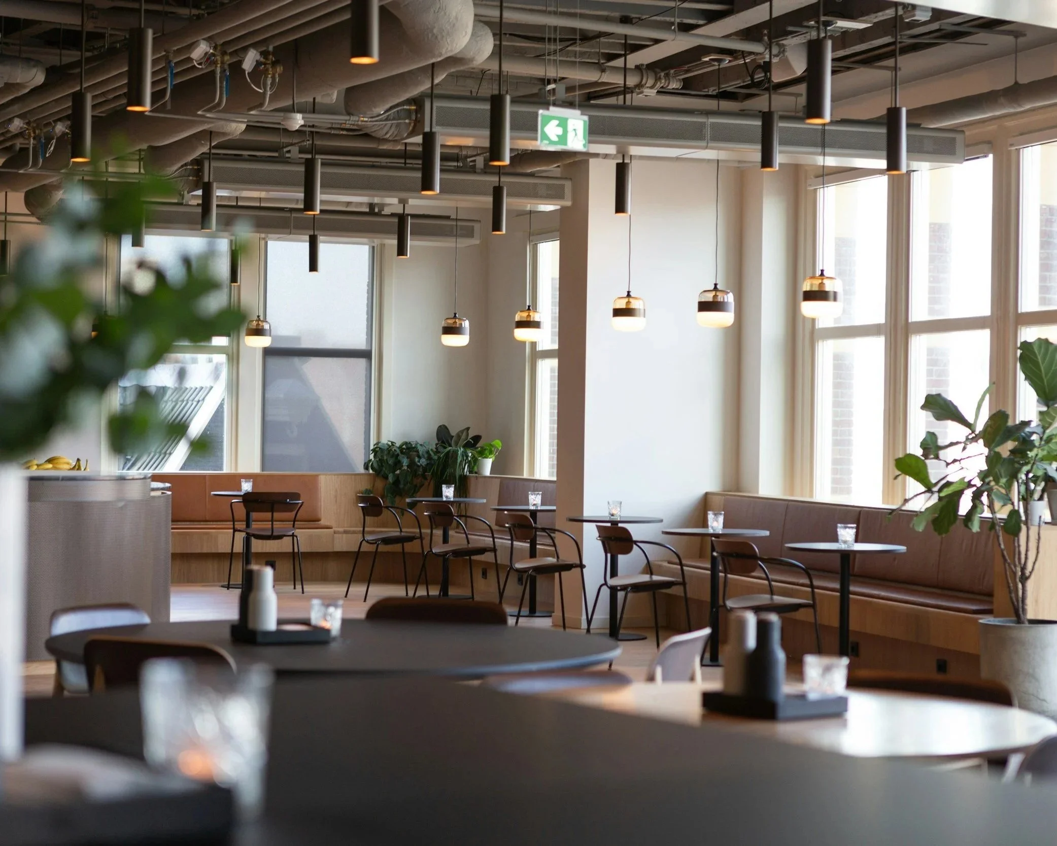 Empty modern cafe with round tables, chairs, and large windows letting in natural light.