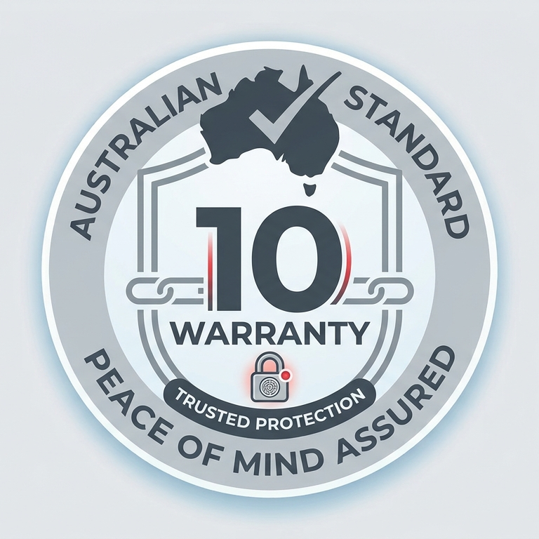 A circular badge displaying that the product has a 10-year Australian standard warranty and trusted protection, with a silhouette of Australia and a checkmark, a padlock icon, and words emphasizing peace of mind.