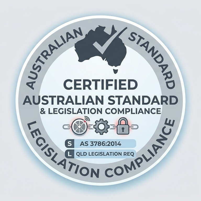 A circular badge indicating certification of Australian standard and legislation compliance, featuring a map of Australia with a checkmark, and icons representing compliance, security, and technology.