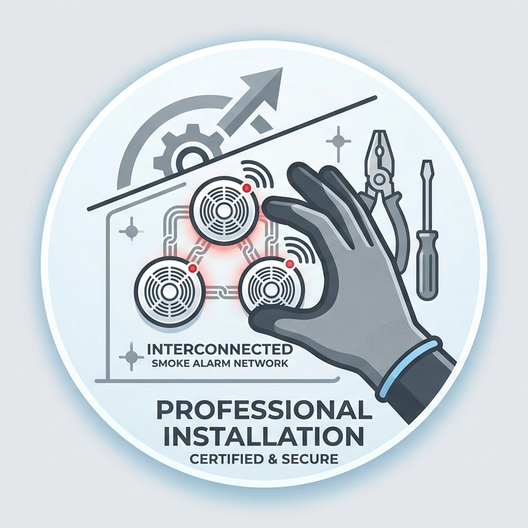 Illustration of a professional smoke alarm network installation, featuring interconnected smoke detectors, tools, and a hand working on the system with upward arrow and gear symbols.