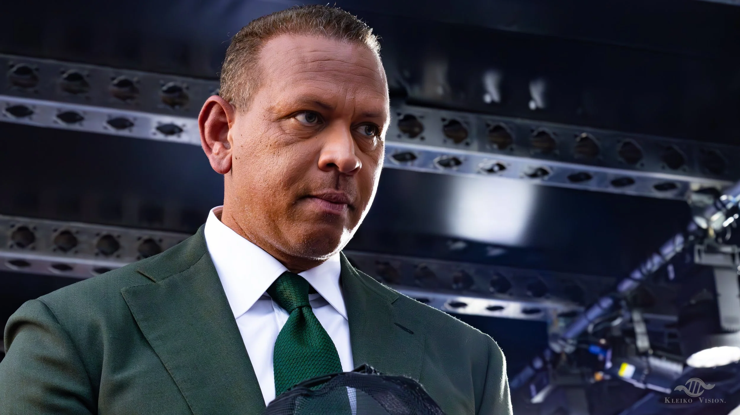 Close-up portrait of a baseball executive in a green suit under stage lighting