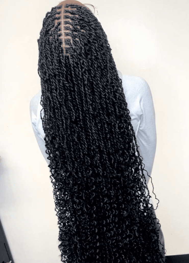 Person with long, curly, black twists hairstyle viewed from the back.