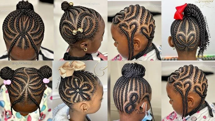 Collection of eight young girls with intricately styled braided hairstyles, including braided buns, hearts, flowers, and geometric patterns.