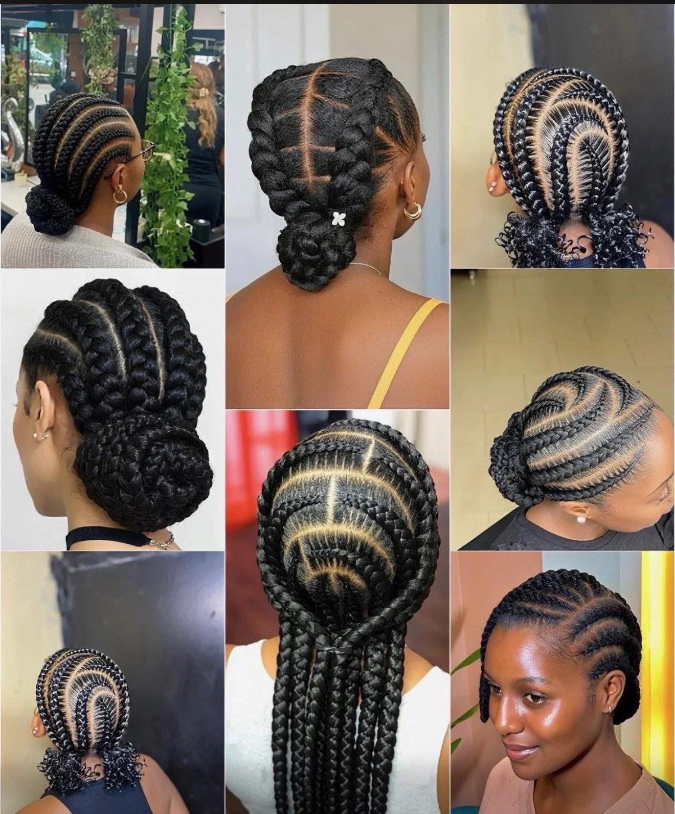 Collage of women with various braided hairstyles, including cornrows, twists, and updos, showcasing different intricate styles and patterns.