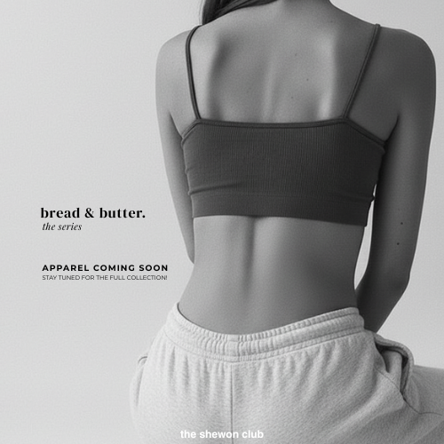 A close-up of a model framed by minimalist text revealing The Shewon Club's upcoming collection - Bread & Butter.
