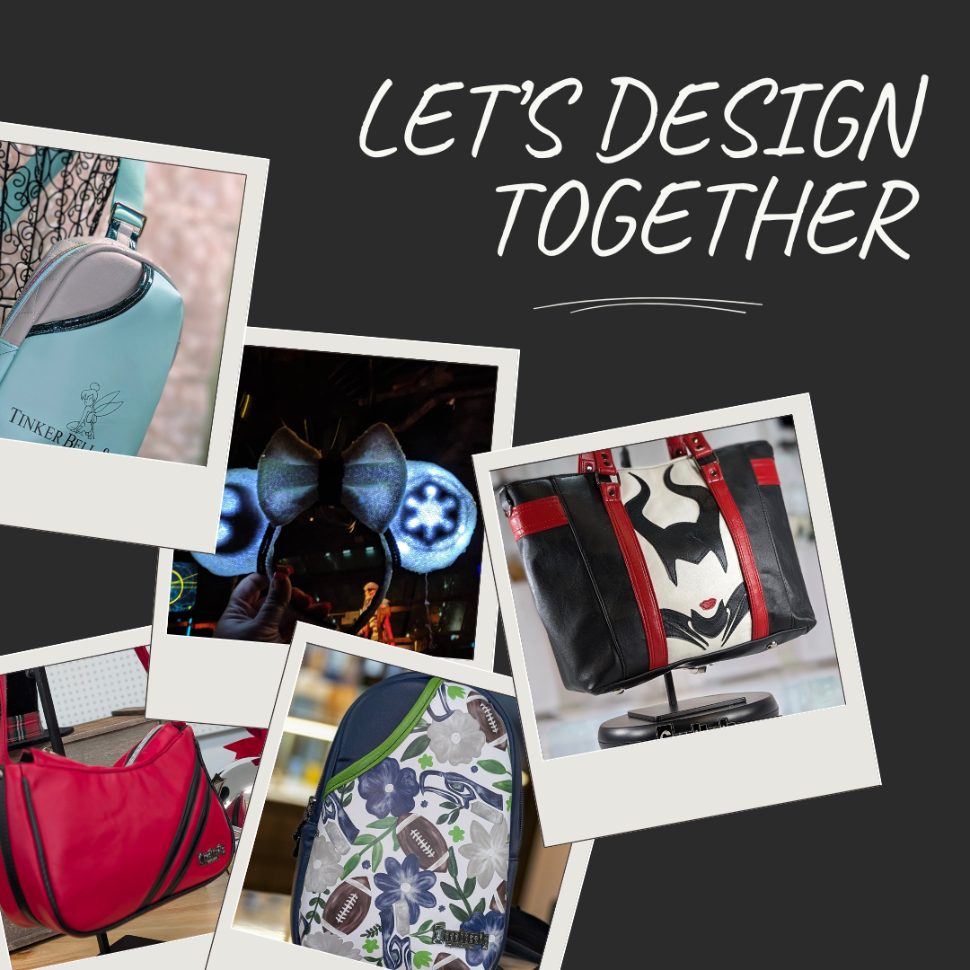 Collection of decorated bags and accessories with the text 'Let's design together' on a dark background.