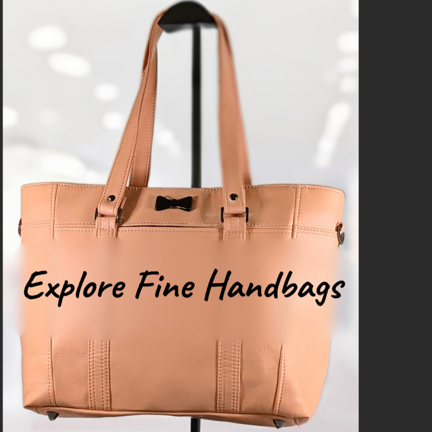 A peach-colored handbag with a black bow detail, displayed on a stand in a well-lit store with the text "Explore Fine Handbags" over the front.