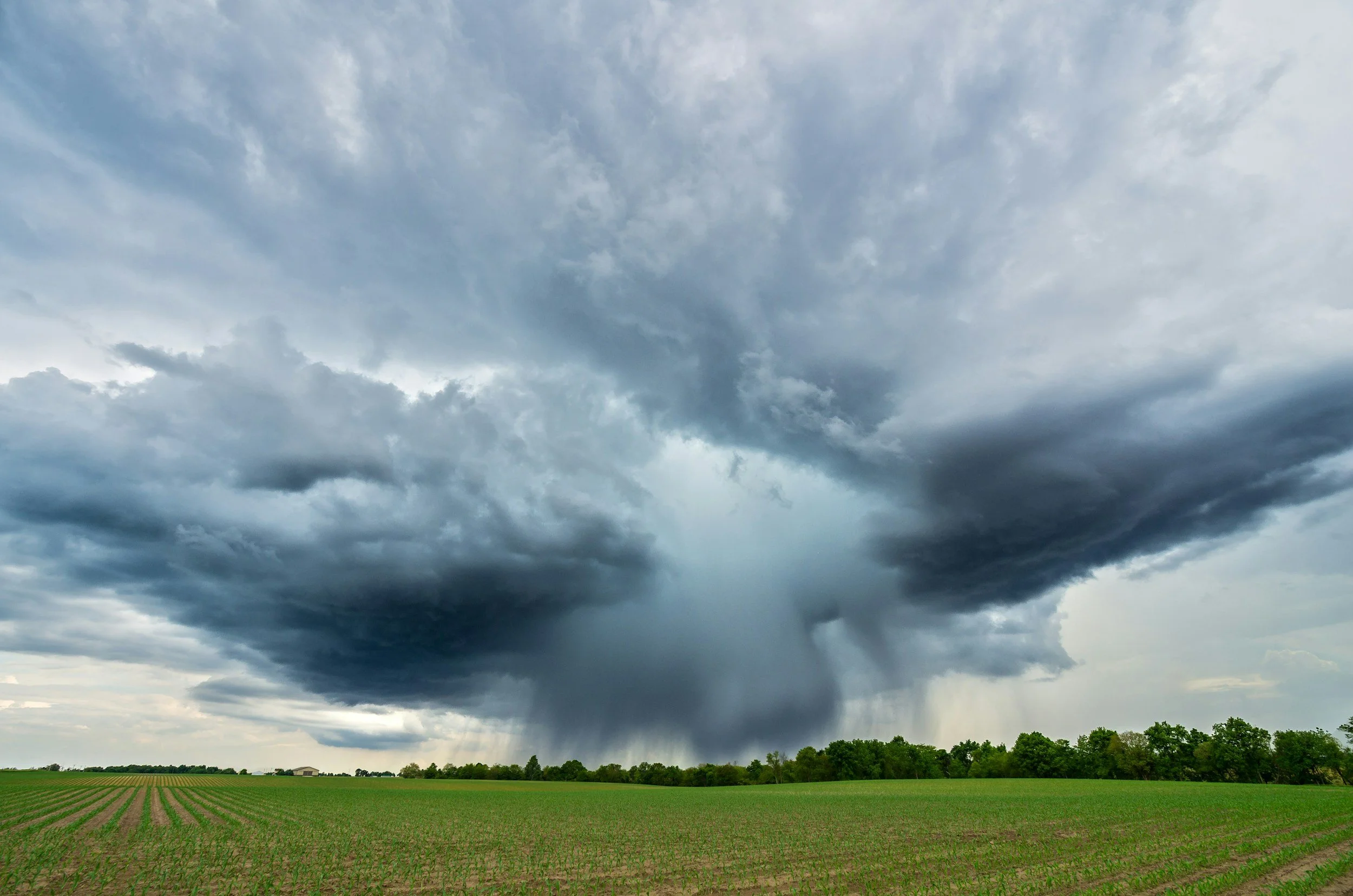 Dark storm clouds gathering over a green farmland field with trees in the distance.