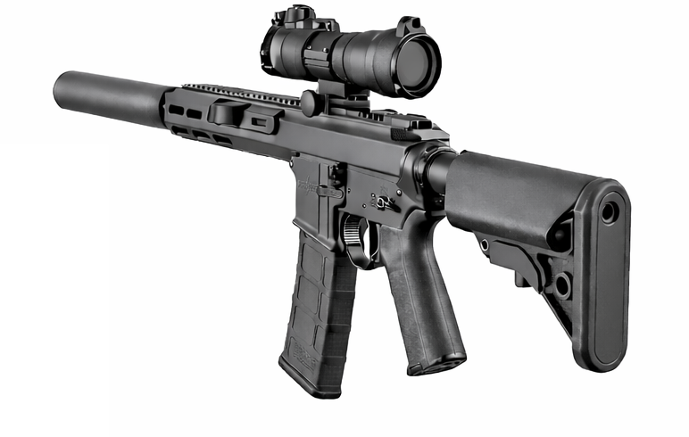 Black tactical rifle with scope and adjustable stock