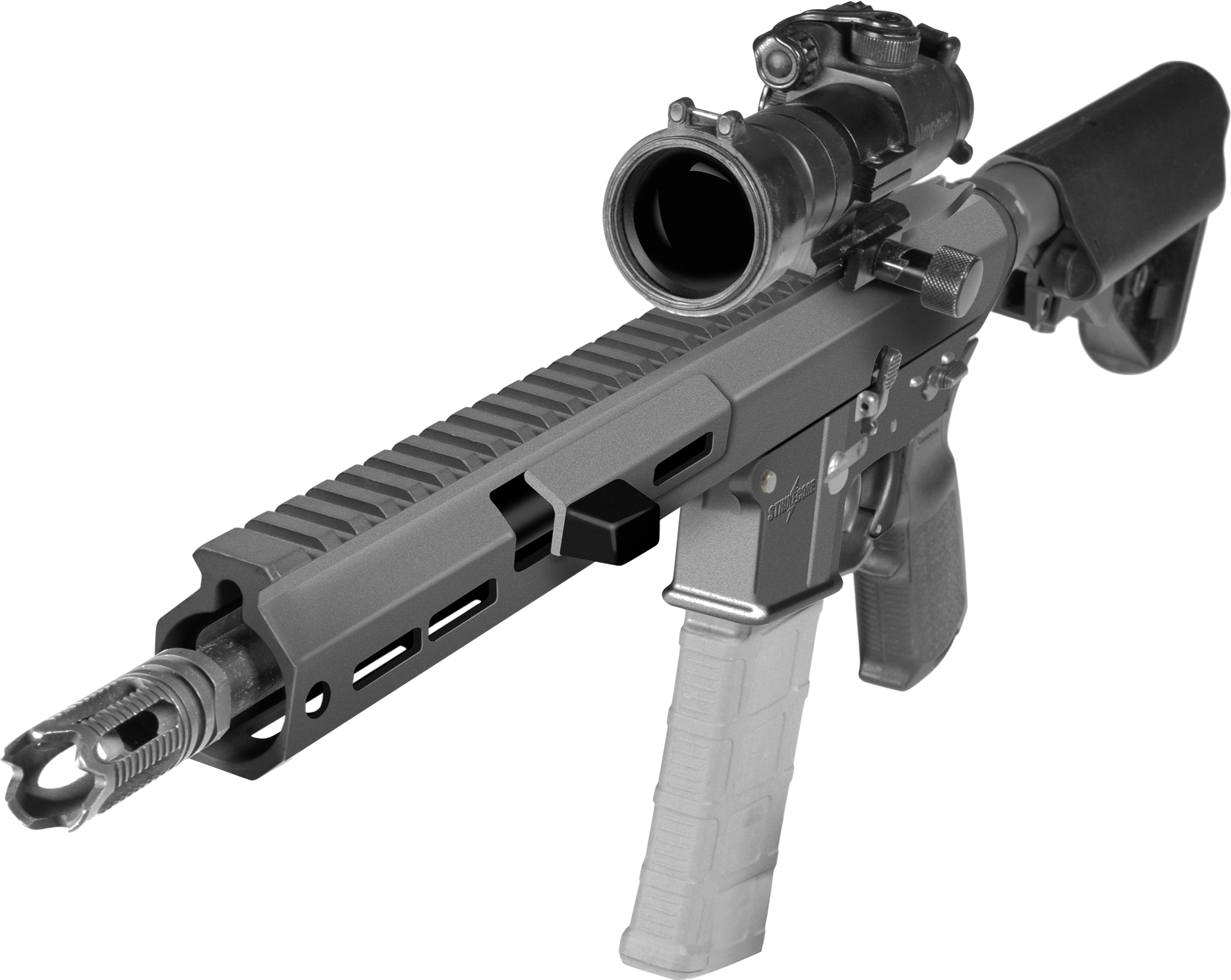 A firearm with a long barrel, attached scope, and tactical grip, viewed from the front and side.