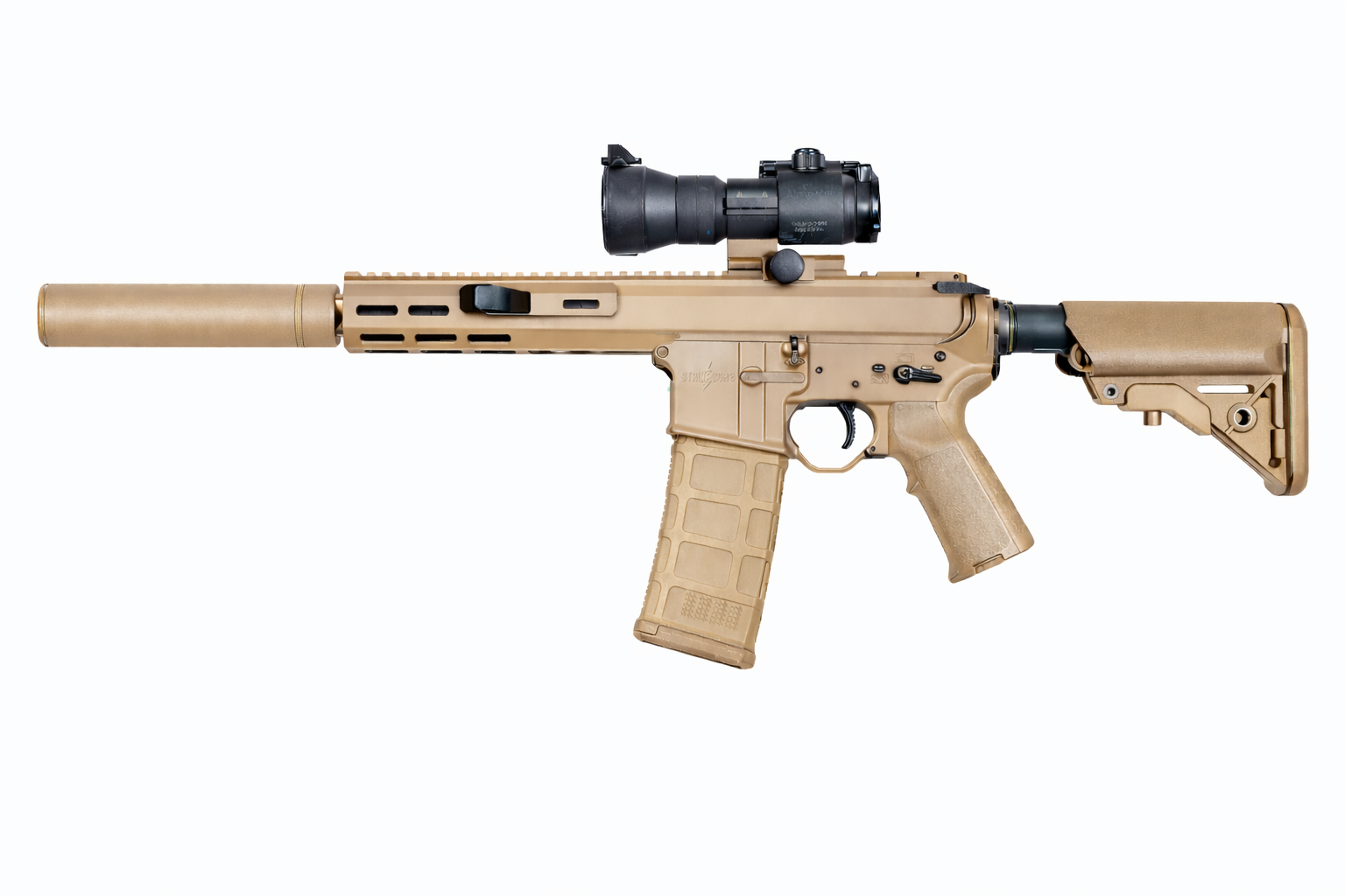 A tan-colored tactical rifle with a scope attached, featuring a suppressor on the barrel and an adjustable stock.
