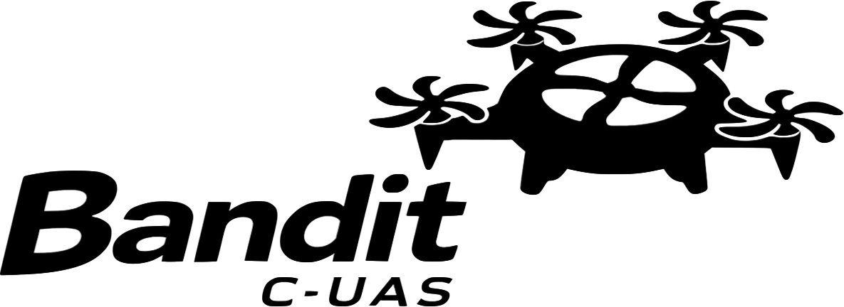Logo for Bandit C-UAS featuring a stylized drone with six propellers surrounding a central circle, and the text 'Bandit C-UAS' beside it.