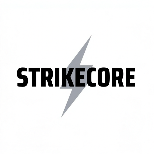A logo with the text 'STRIKECORE' and a gray lightning bolt in the background.