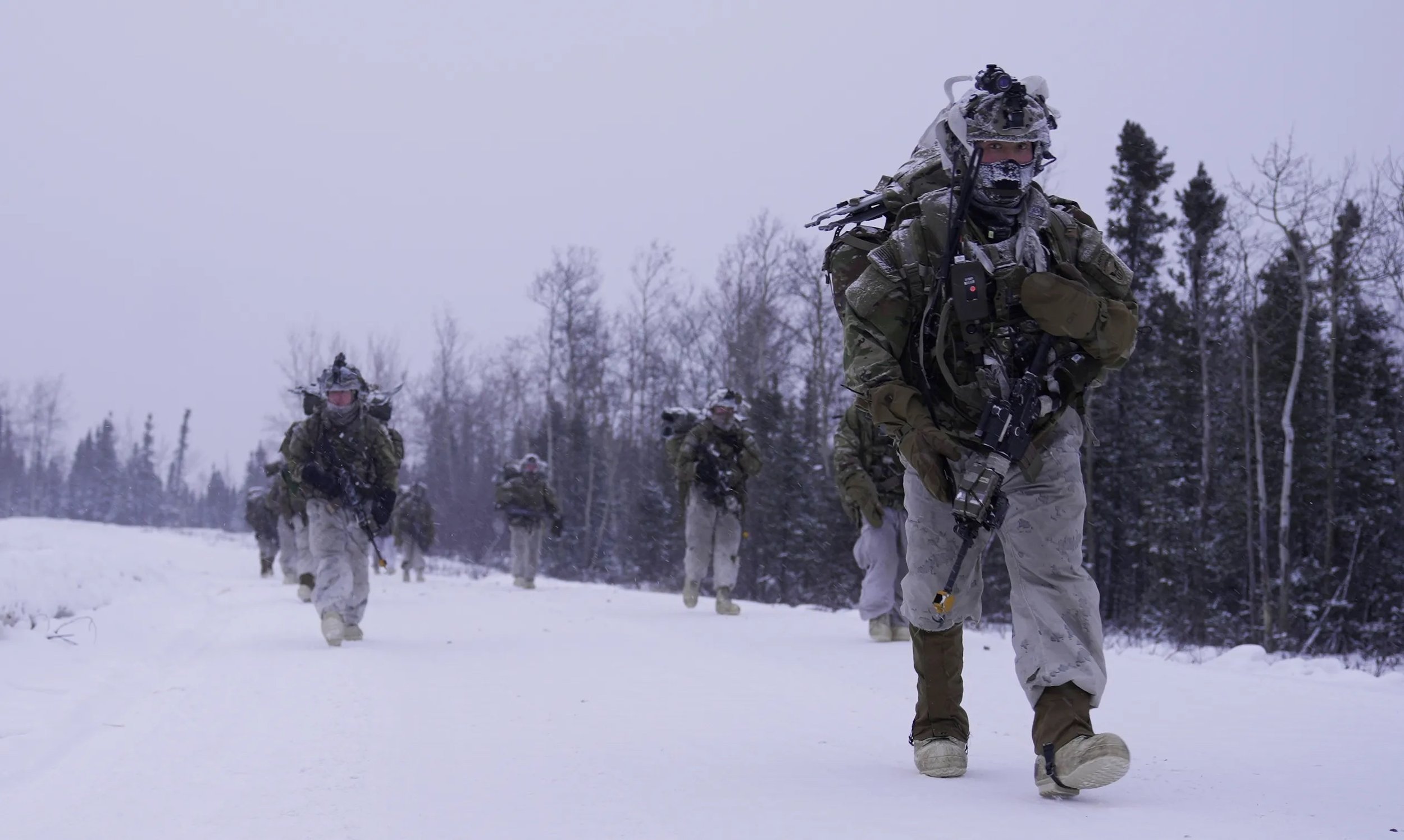 Group of soldiers walking through snowy forest during winter, dressed in camouflage military gear and carrying weapons.