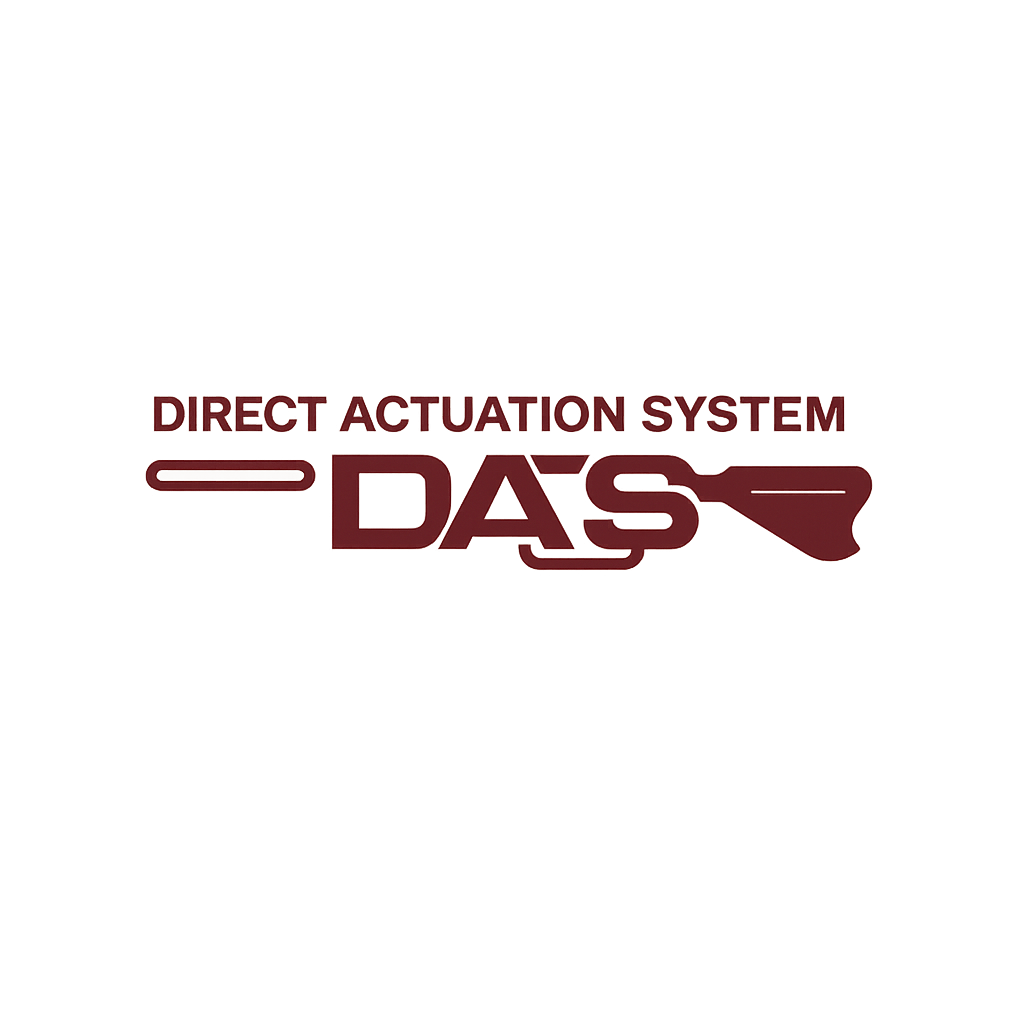 Logo with the words 'Direct Actuation System DAS' in red and beige colors.