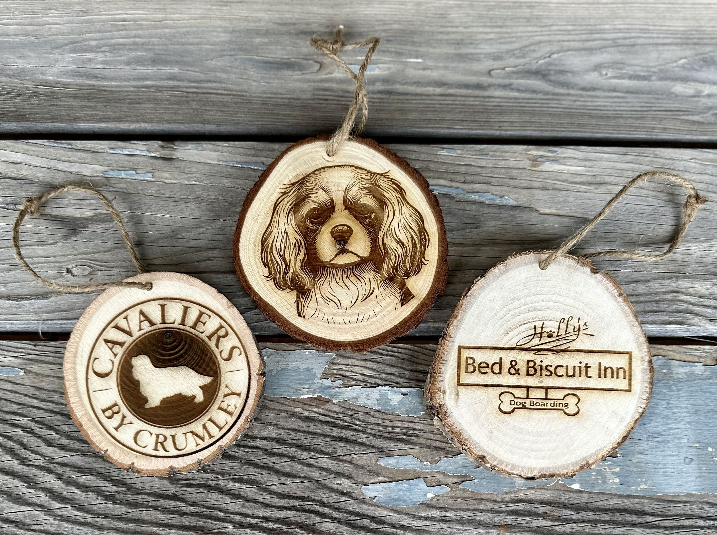 Custom wooden round ornaments.
