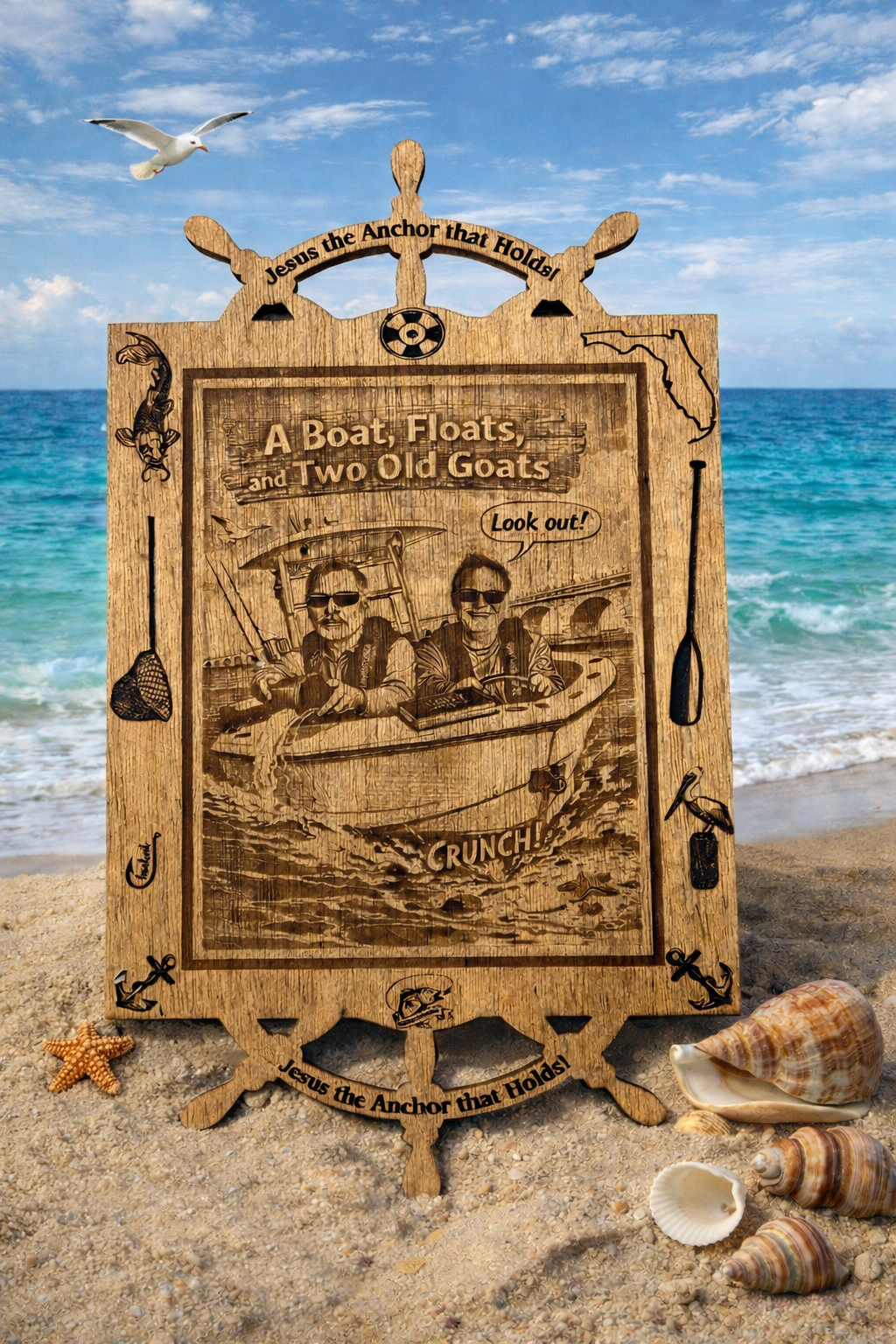 Precision laser-engraved, custom plaque bring together laughter, craftsmanship, and faith of a couple of friends time on a boat.