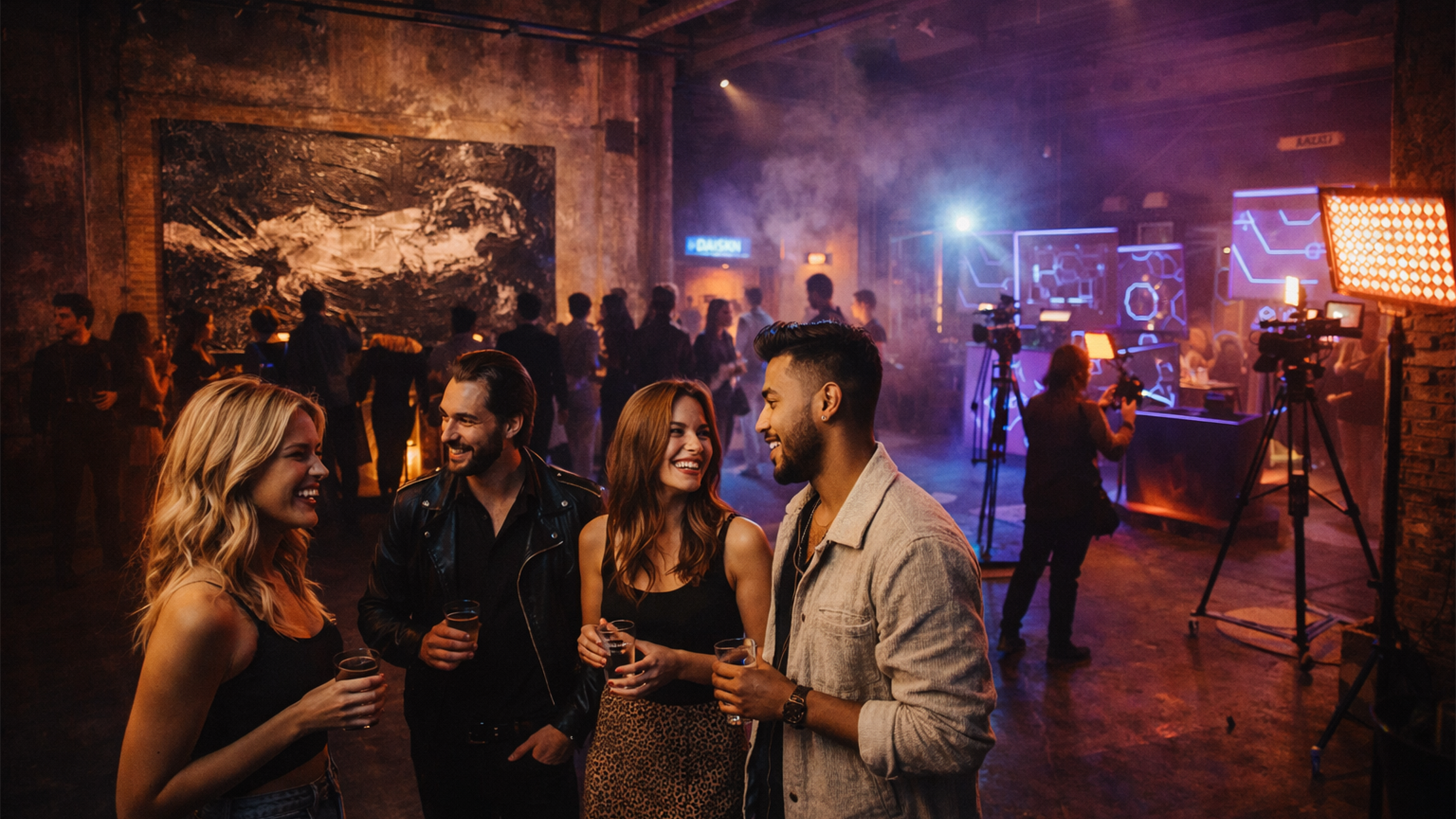 A group of four friends smiling and talking at a party or nightclub, holding drinks in a dimly lit venue with a DJ booth and camera crew in the background.