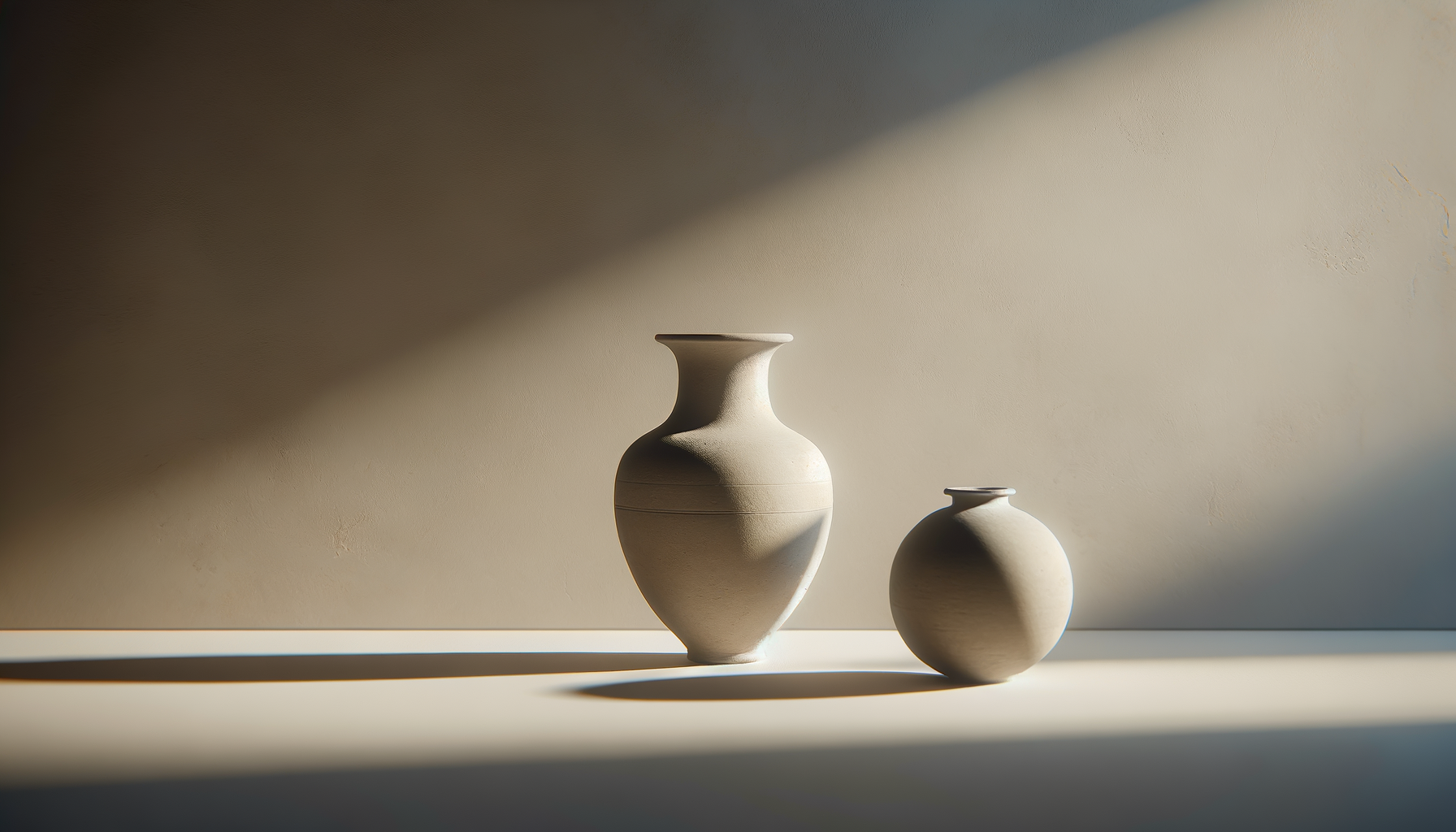 Two beige ceramic vases on a surface with sunlight and shadow creating a minimalist aesthetic.