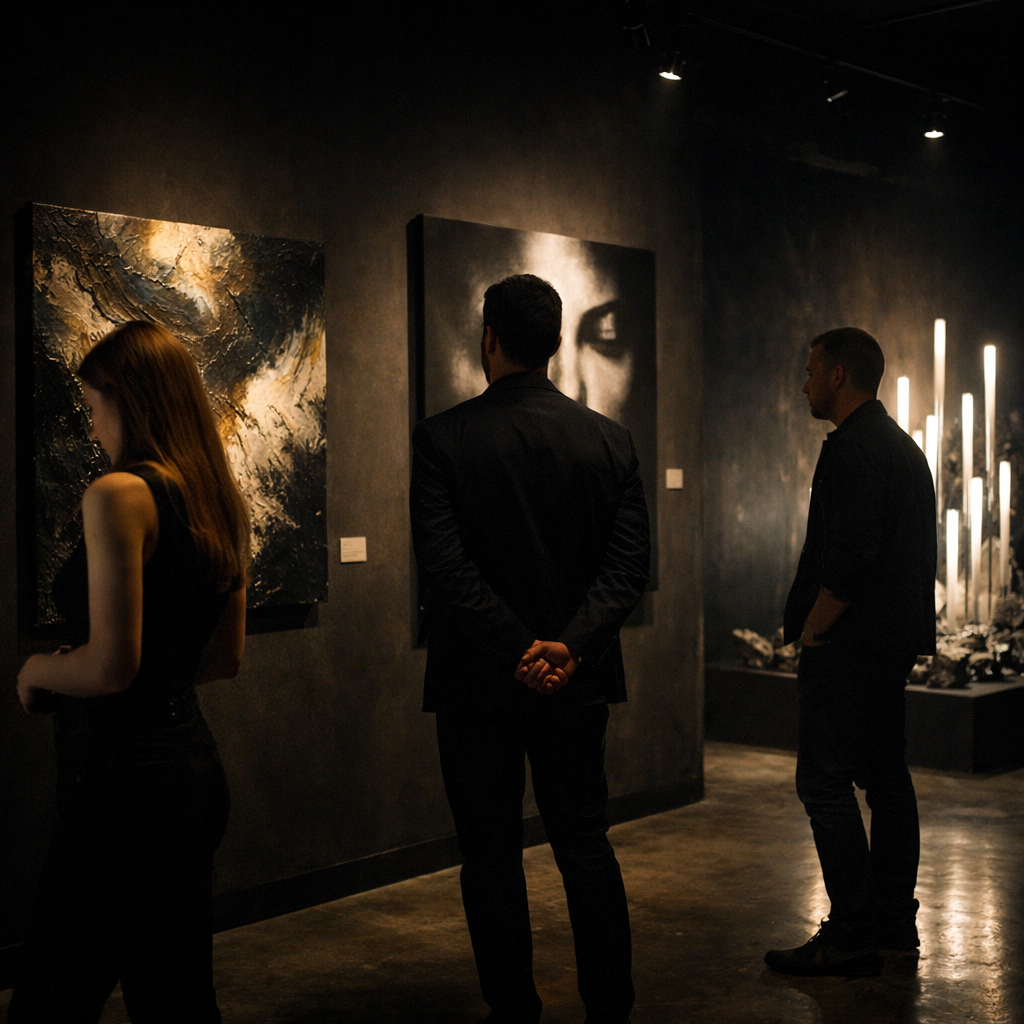 People viewing artwork in a dark gallery with illuminated sculptures.