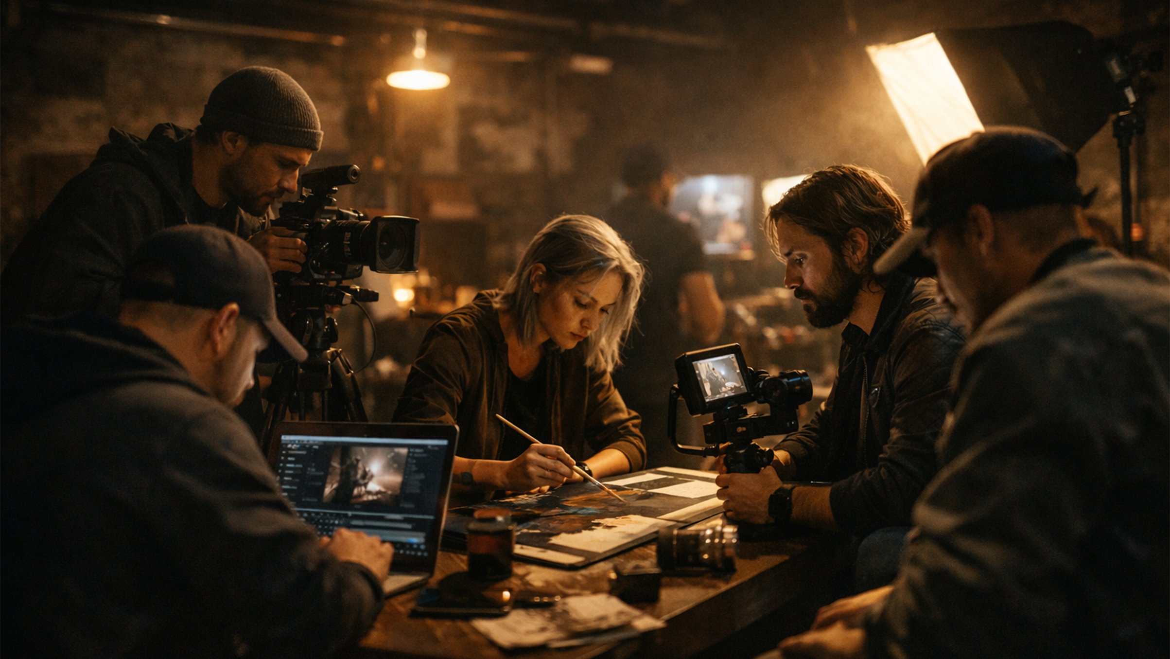 Film crew working in a dimly lit studio with a woman painting at a table, surrounded by cameras, lighting, and a laptop.