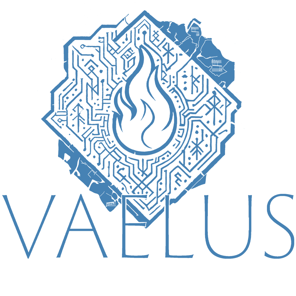 A digital graphic design featuring a blue, circuit-like geometric shape with a flame symbol in the center, and the word 'VAELUS' written below in blue capital letters.