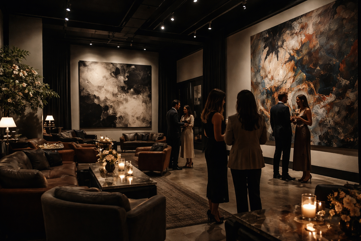 People socializing in an elegant art gallery with abstract paintings and dim lighting.