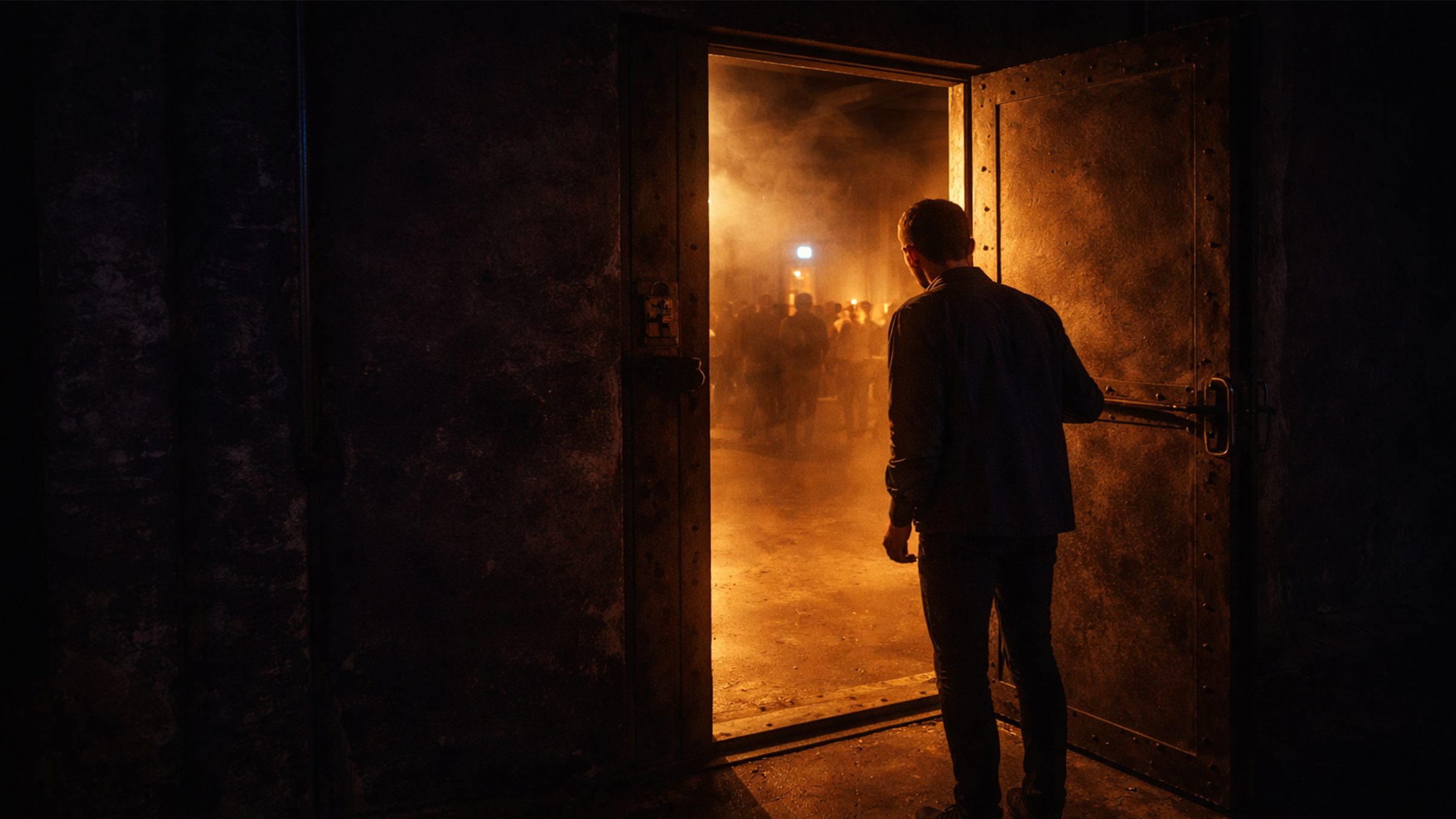 A person in a dark jacket pushes open a large metal door to a room filled with smoke and orange light, with a group of people visible in the distance.
