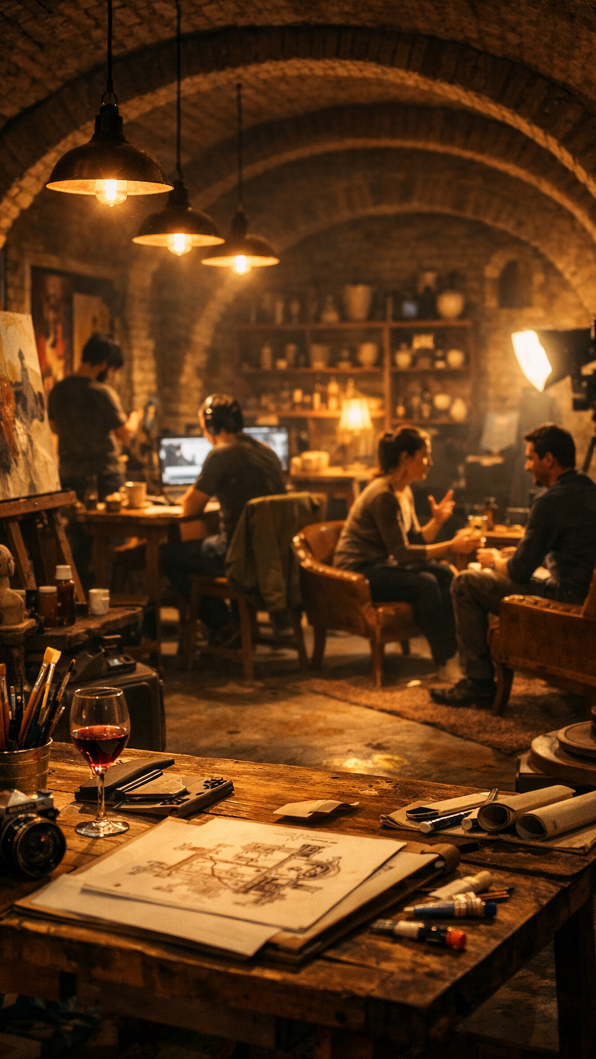 A cozy art studio with a brick arched ceiling, where people are working on computers and discussing. The table in the foreground has sketch papers, art supplies, a camera, and a glass of wine, with warm lighting creating an inviting atmosphere.