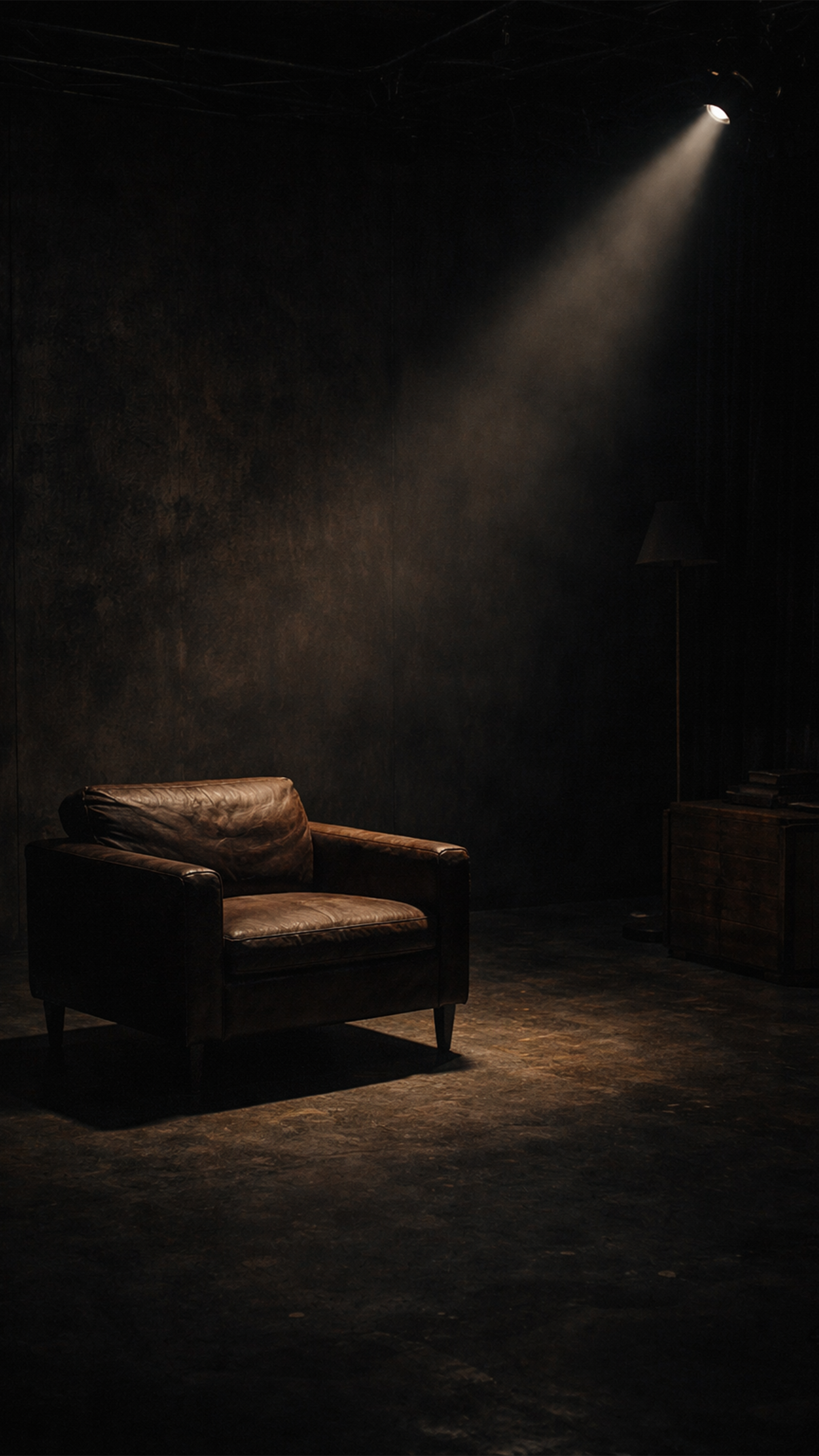 A dimly lit room with a single spotlight shining on a brown leather armchair. There is a small wooden table with a few books and a tall floor lamp in the background.