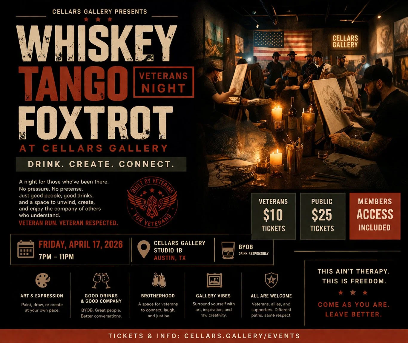 Poster for Whiskey Tango Foxtrot veterans night event at Cellars Gallery in Austin, Texas with art, drinks, and community, scheduled for April 17, 2026, from 7 pm to 11 pm, with ticket prices for veterans at $10 and for the public at $25.