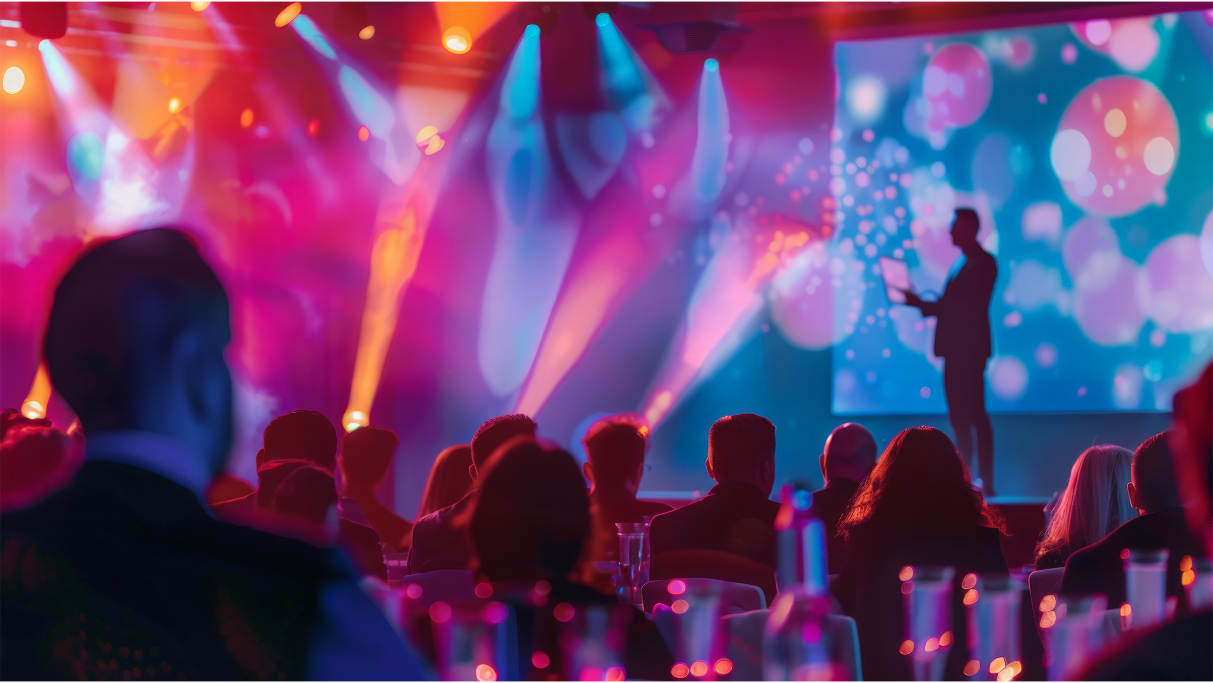 Audience watching a performer on stage with colorful lights and projection background at a concert or event.