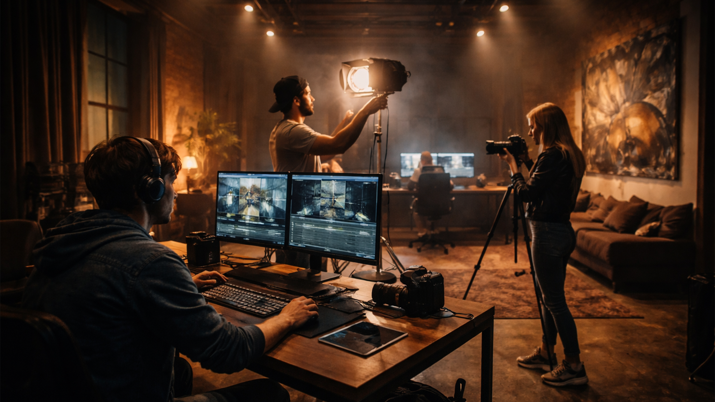 Filmmaking team working in a studio, with a camera operator and a female camera assistant filming, a director working at a desk with multiple monitors, and a man editing footage on a computer, in a warmly lit room with large paintings and focused professional activity.