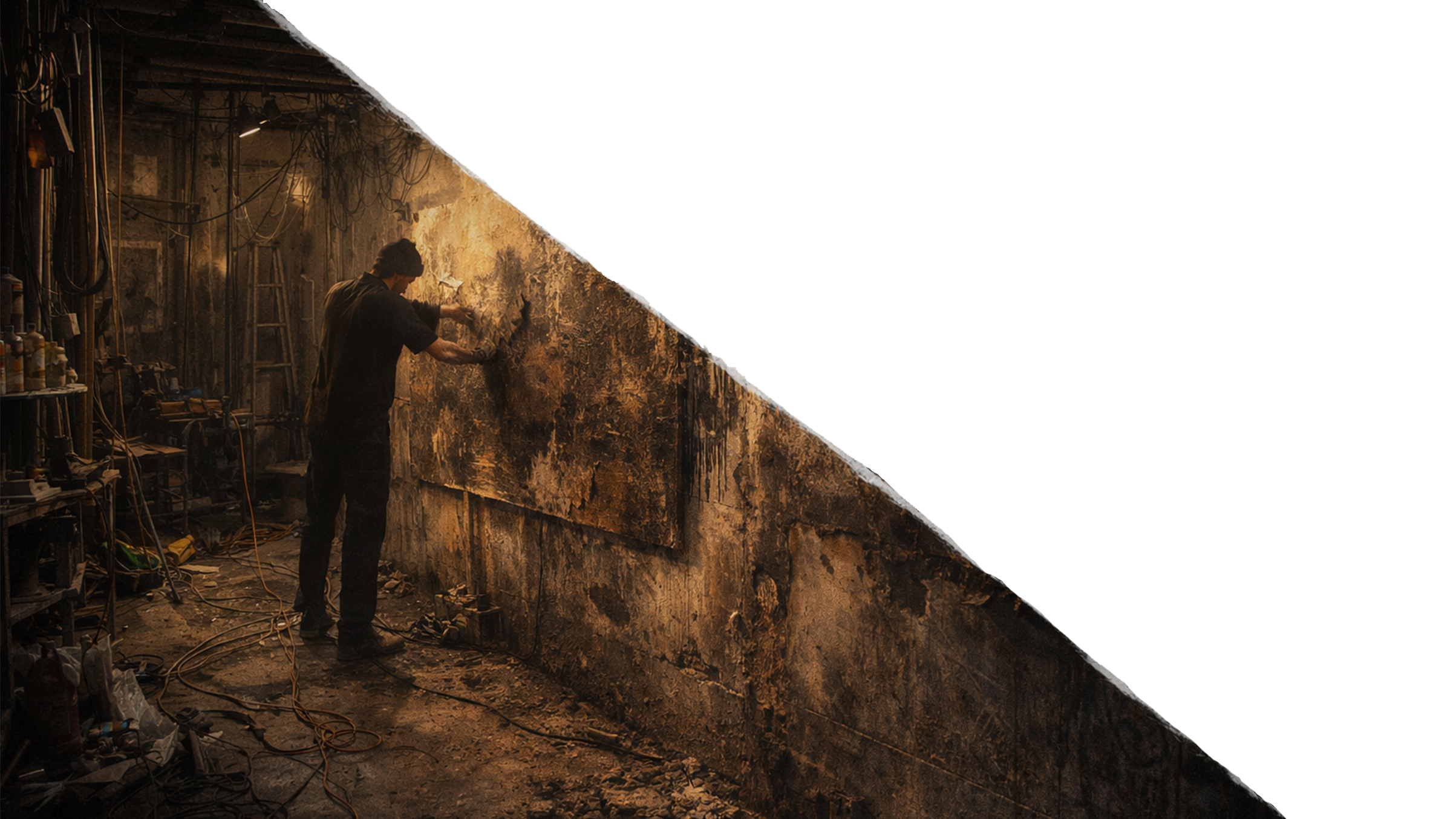 A man working on a large, textured canvas in a cluttered workshop filled with tools, cords, and supplies. The workshop has a worn, industrial look with exposed wires and shelves.
