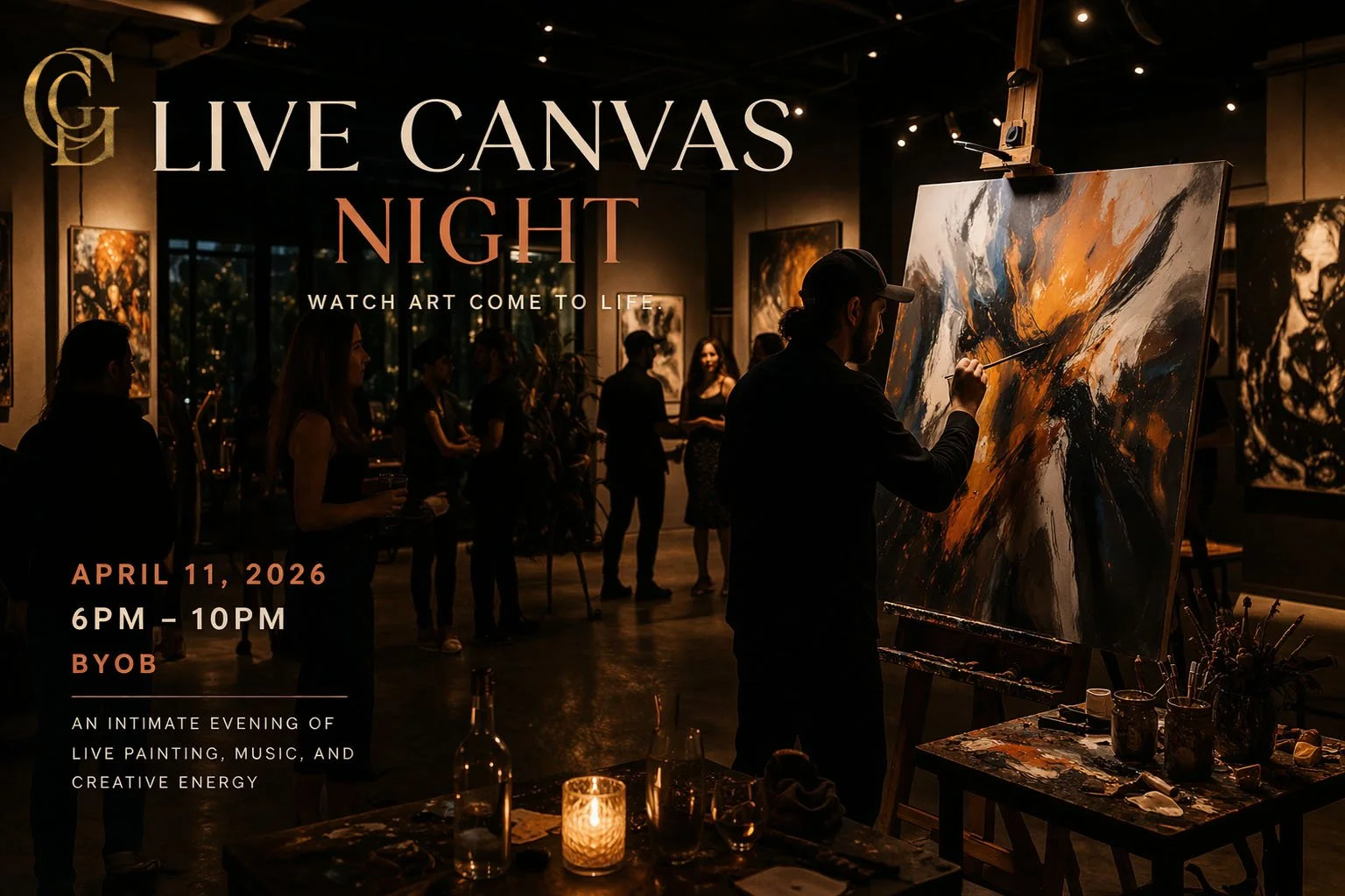 People attending a live art event at an art gallery during the night, with a painter creating an abstract painting on a large canvas, surrounded by artworks, candles, and art supplies.