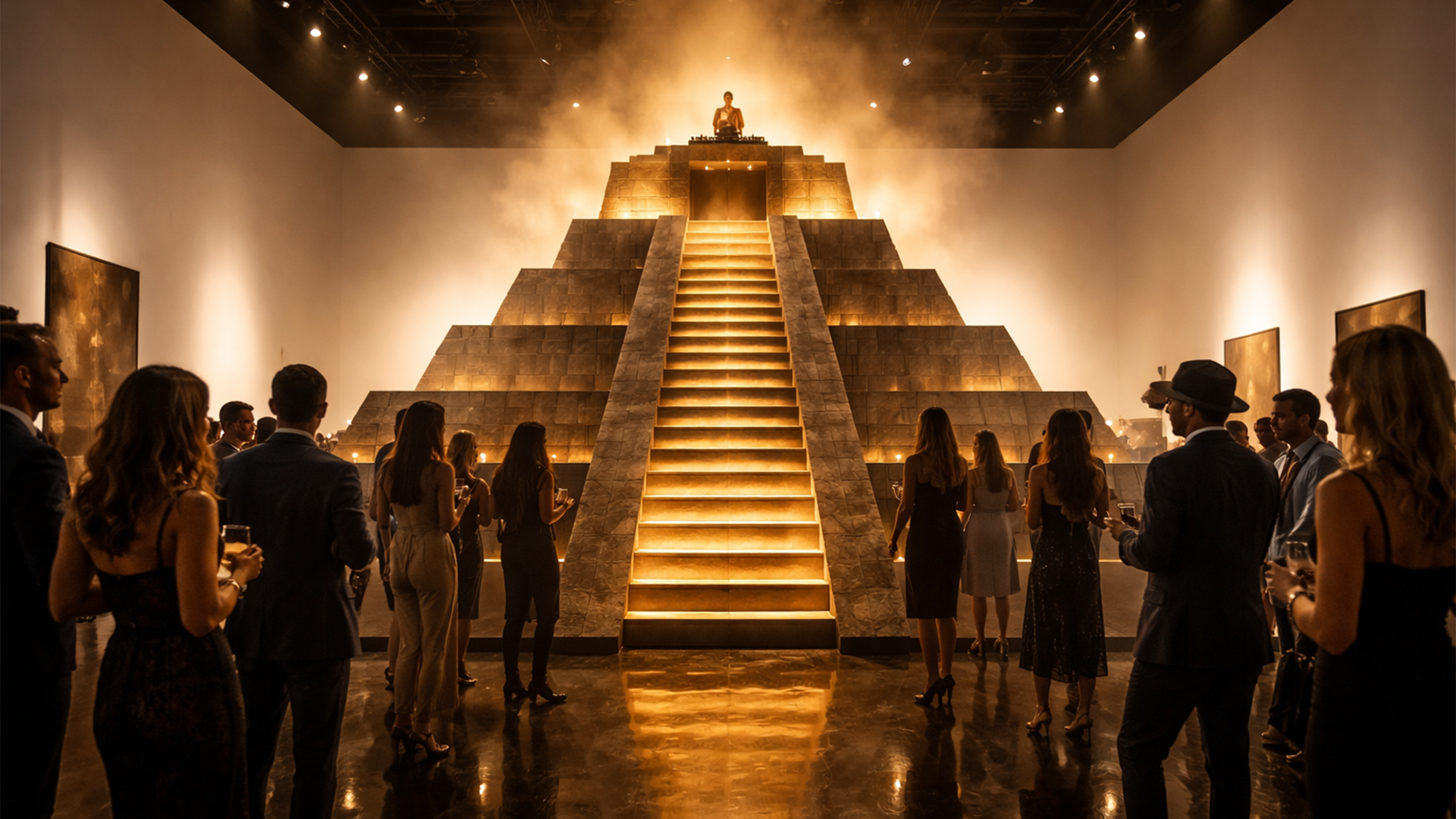 An art gallery with a large pyramid-shaped structure in the center, illuminated with warm lights. A group of well-dressed people are gathered around, some holding drinks, observing the exhibit in a dimly lit room with spotlights on the pyramid.
